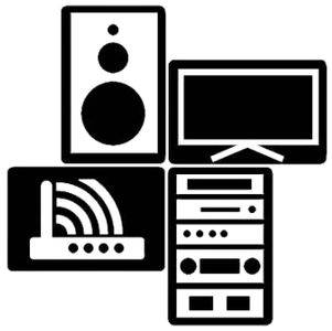 Diagram of a home entertainment system: speaker, TV, router, and a receiver.