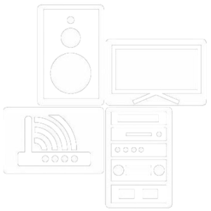 Diagram of a home entertainment system: speaker, TV, router, and a receiver.