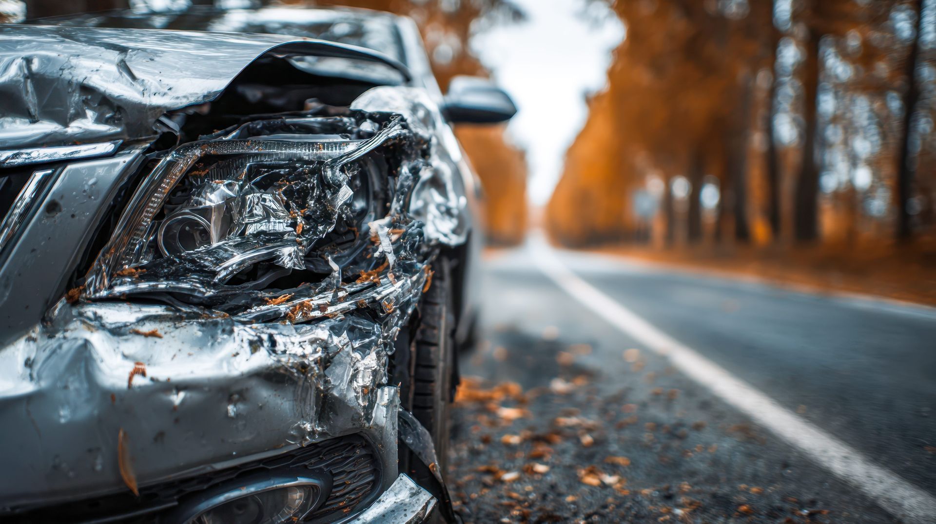 Severely crumpled car front on a wet road with autumn trees in the background