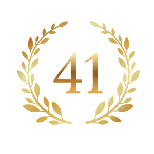 Gold laurel wreath encircling the number 41 on a white background