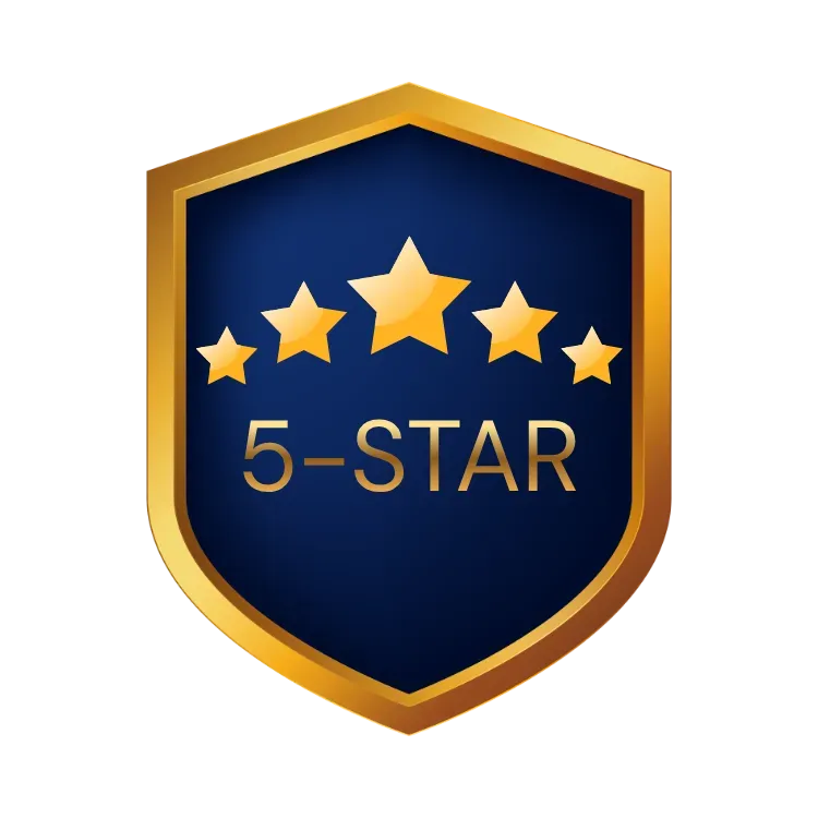 Gold 5-star badge with navy shield and five stars above “5-STAR” text