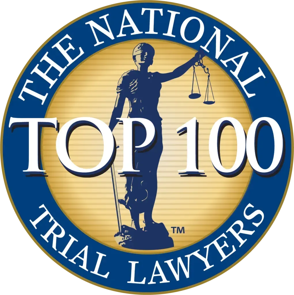 Blue-and-gold "The National Trial Lawyers Top 100" award badge with scales and statue silhouette