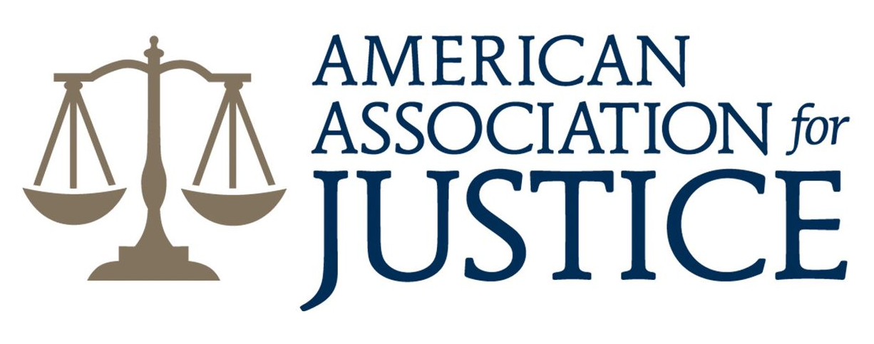 American Association for Justice logo with gold scales icon and blue text