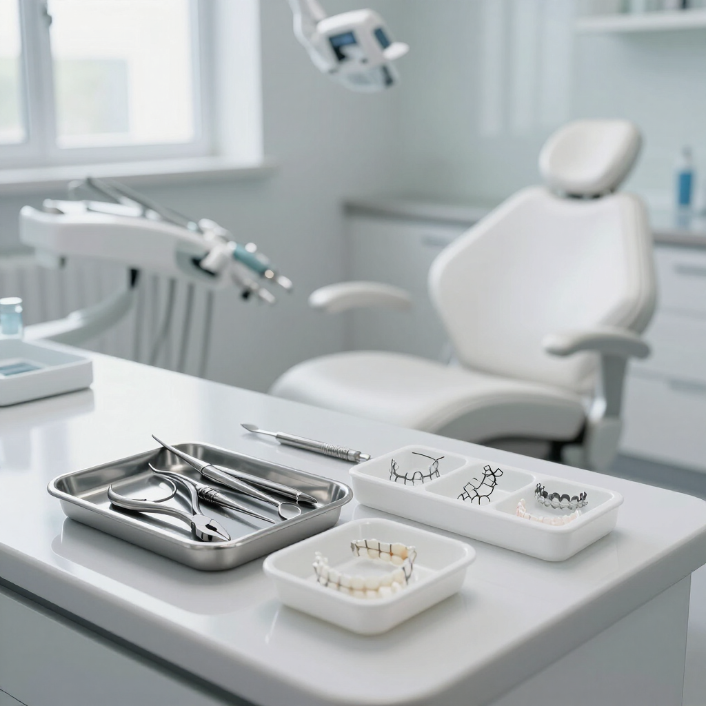 Clínica dental moderna con sillón, herramientas y bandejas de instrumentos sobre un mostrador blanco.