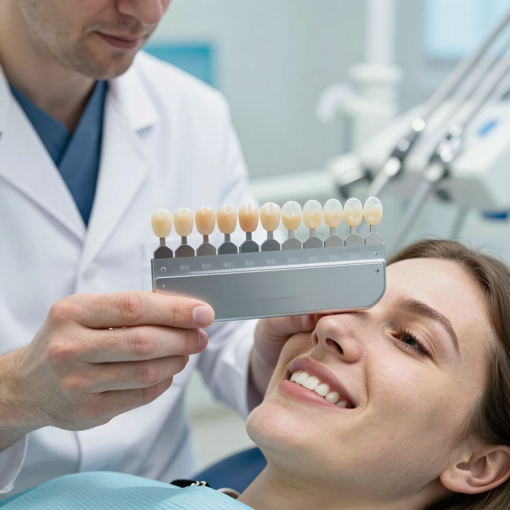 Dentista sosteniendo una guía de colores para los dientes de un paciente sonriente en una clínica luminosa.