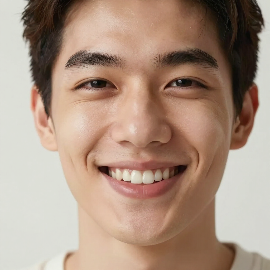 Joven sonriente con camisa blanca sobre un fondo claro.