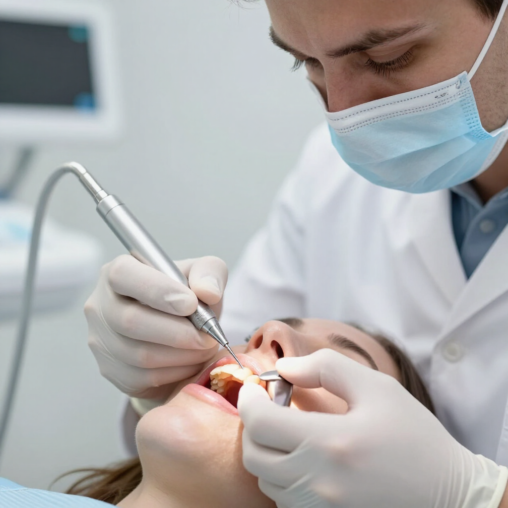 Odontólogo tratando los dientes de un paciente con un taladro dental y un espejo, usando guantes y mascarilla.