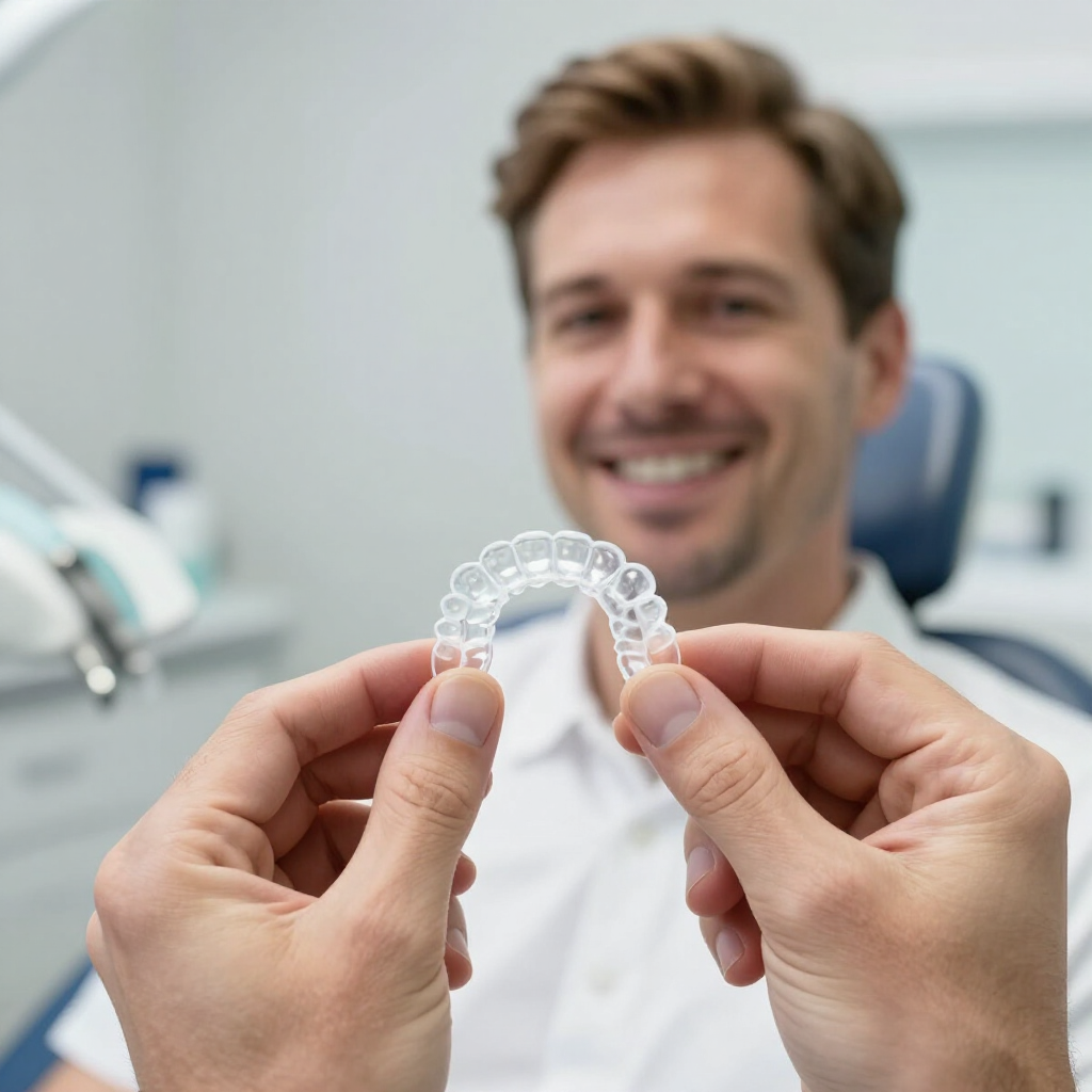 Manos sosteniendo un alineador dental transparente en una luminosa clínica dental con un dentista sonriente borroso al fondo.