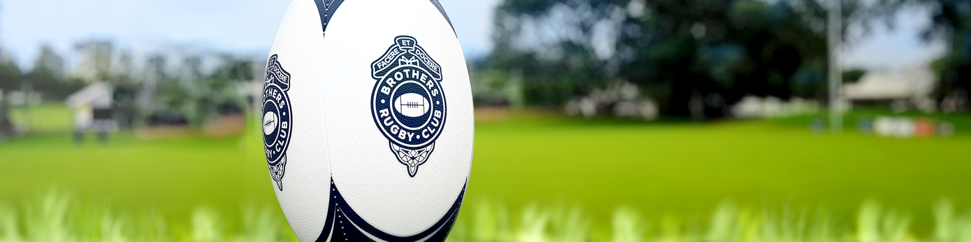 Brothers Rugby Club badge on a rugby ball on a rugby pitch, branding by Willmore Design