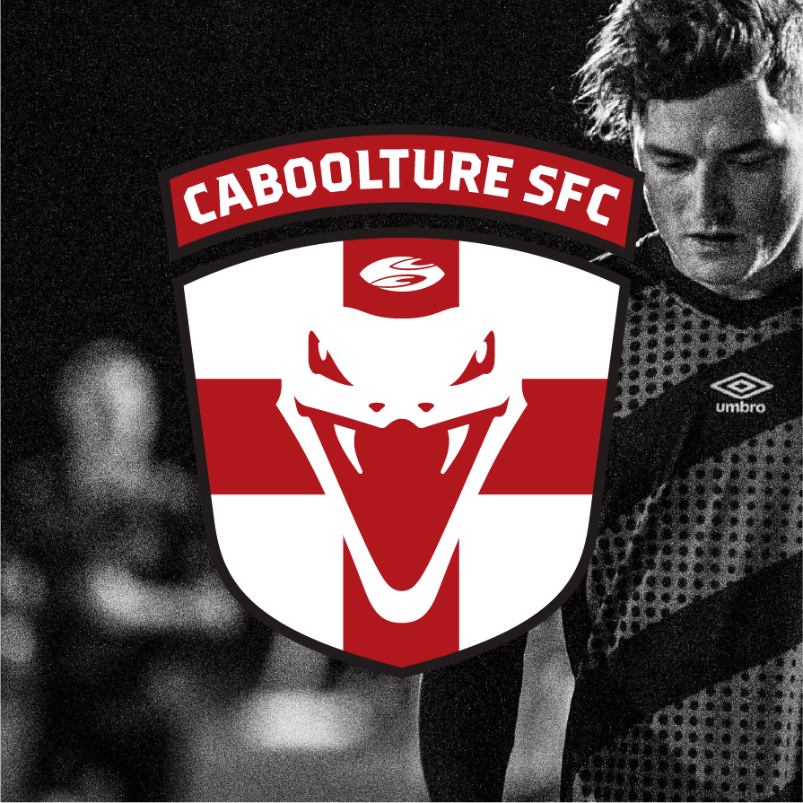 Caboolture SFC branding badge shown on a black and white photo background.