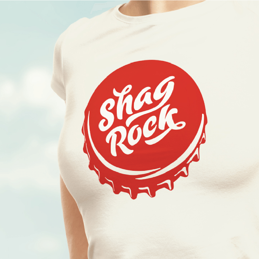 Shag Rock branding on a t-shirt worn by a woman