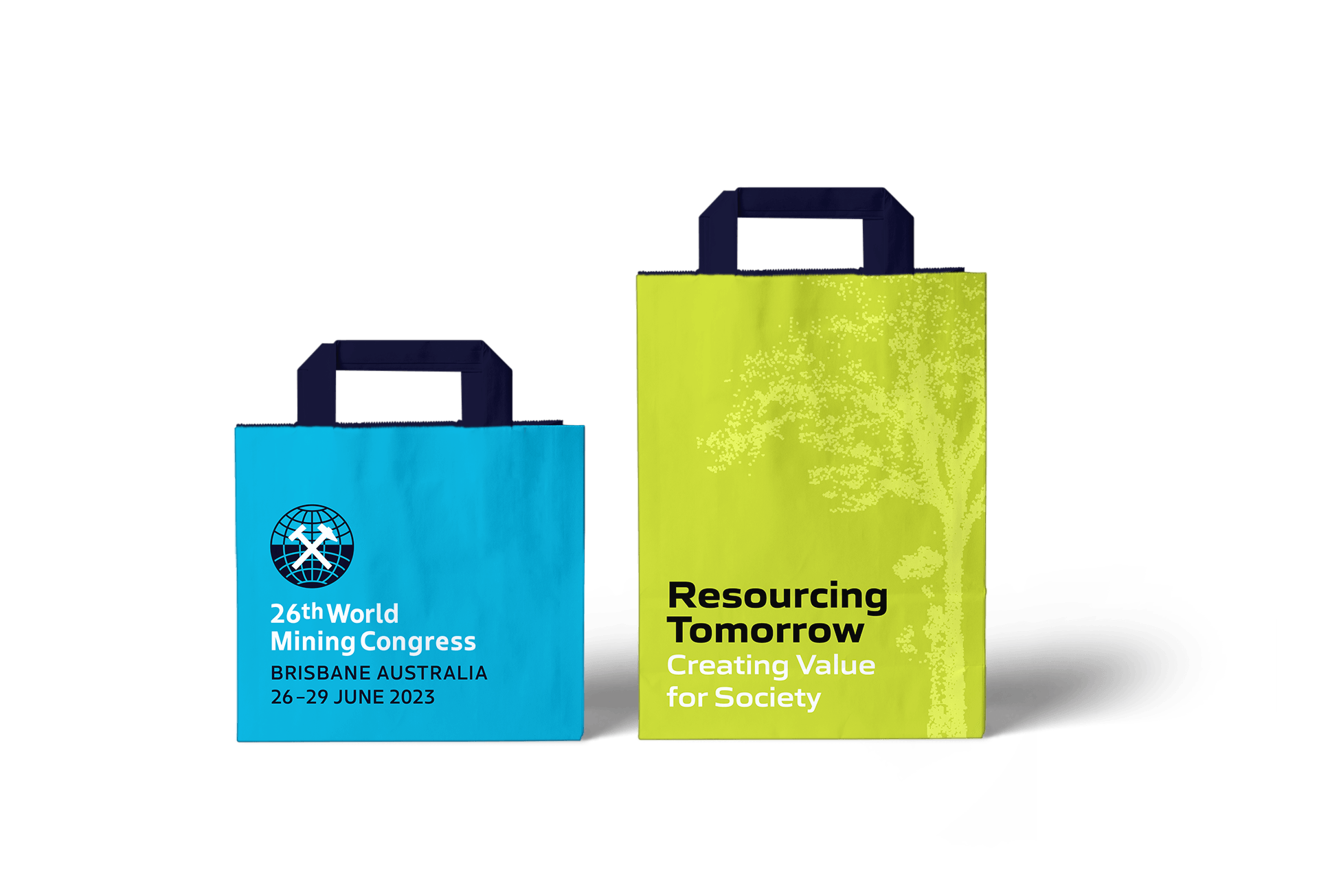 World Mining Congress show bags with event branding, one bag is blue, the other a vibrant green. World Mining Congress show bags with event branding, one bag is blue, the other a vibrant green.