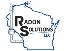 Logo for Radon Solutions LLC, with text inside Wisconsin outline and a vent pipe.