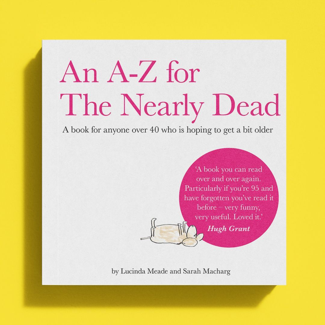 Picture of the white and pink book cover for 'An A to Z for The Nearly Dead' on a yellow background.