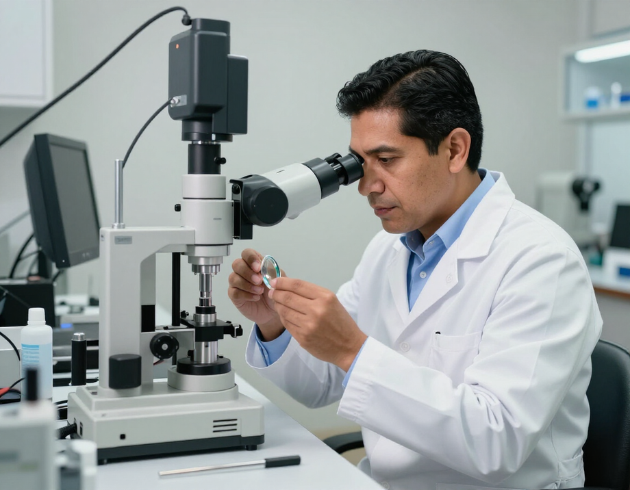 Técnico mexicano ajustando lentes Free Form en Ensenada