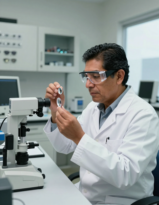 Especialista mexicano revisando lentes Free Form en Ensenada