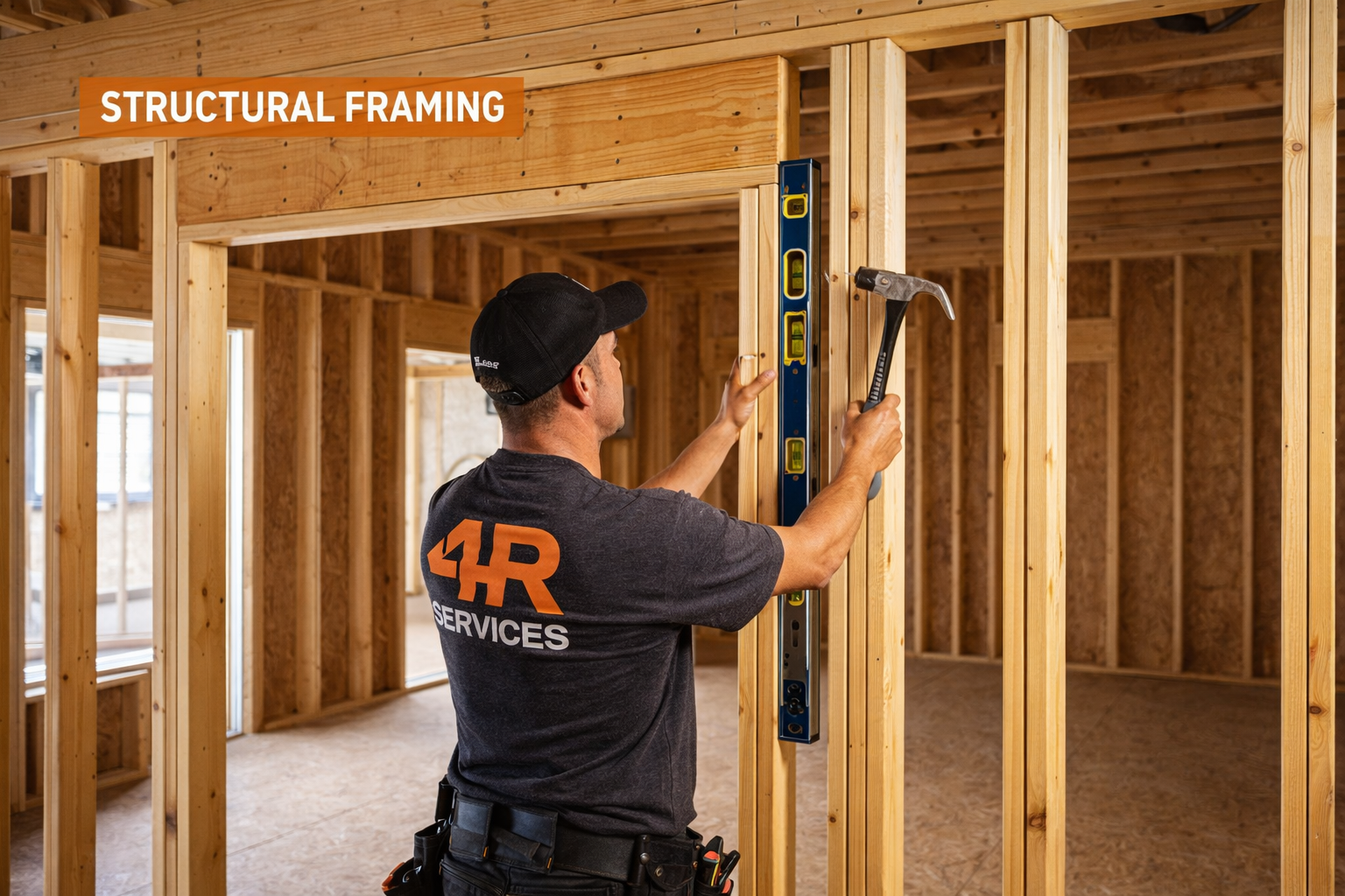 A professional uses a level and hammer to frame a wooden doorway in an unfinished room.