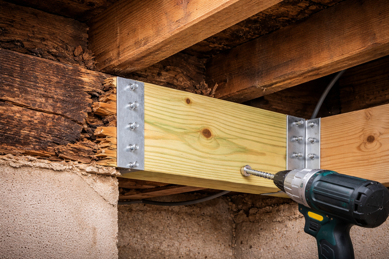 A power drill secures a new pressure-treated wooden board against a rotted wooden joist with metal brackets.