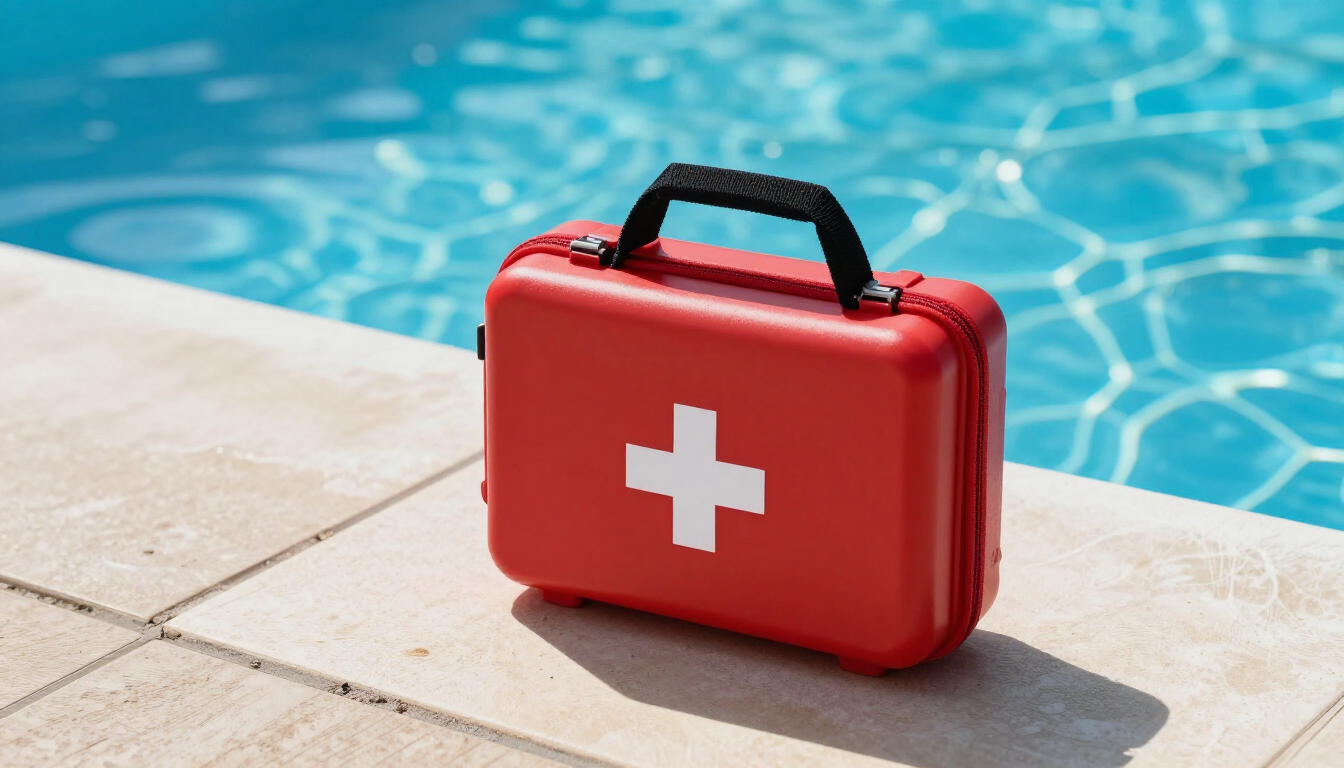 Professional first aid kit next to a swimming pool for safety instruction.