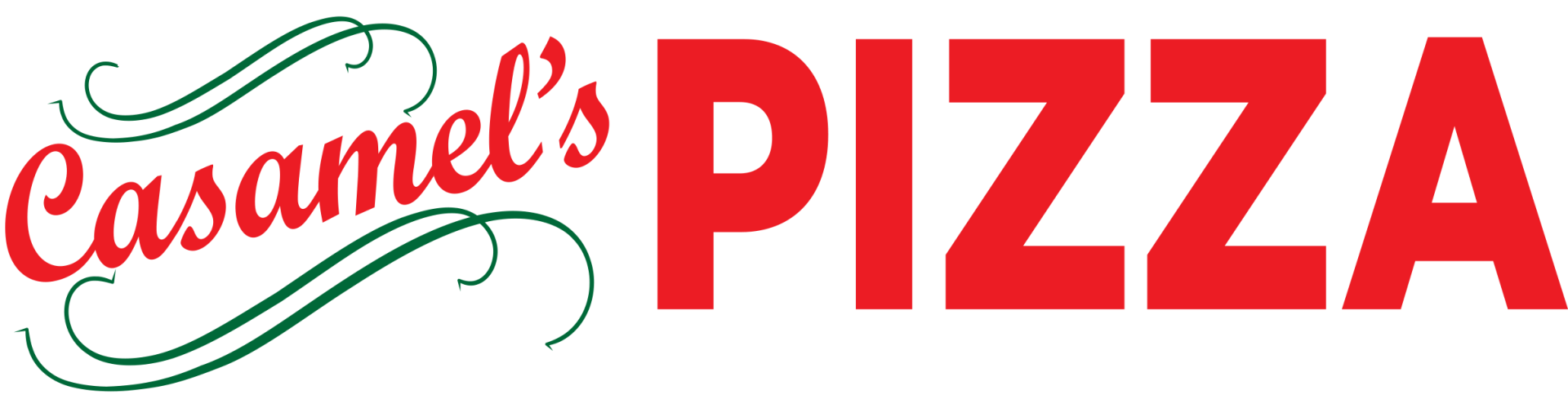 The logo for Casamel's Pizza, featuring the red text 