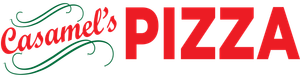 The logo for Casamel's Pizza, featuring the red text 