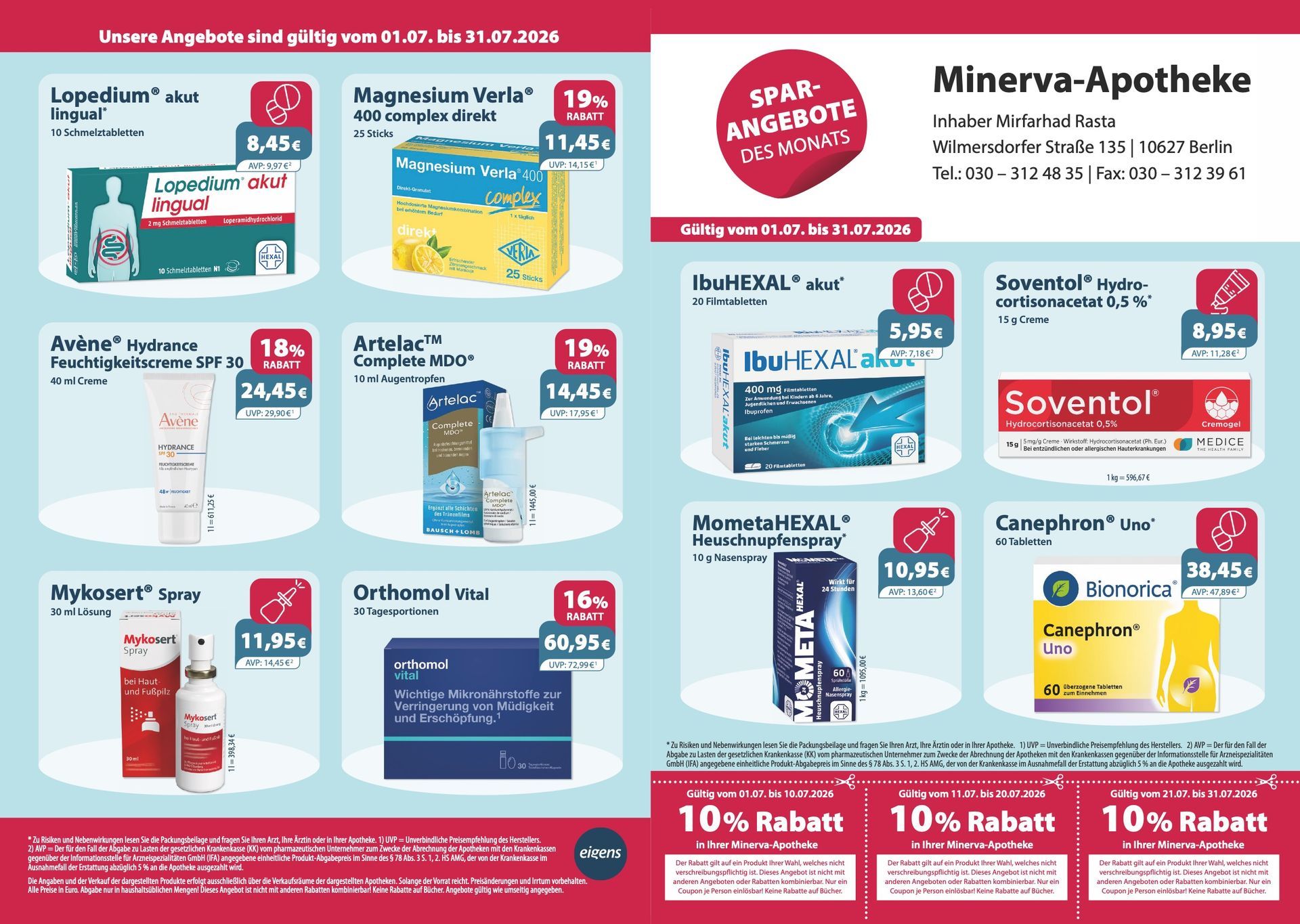 Ein Werbeflyer der Minerva-Apotheke mit verschiedenen Gesundheitsprodukten, reduzierten Preisen und Aktionscoupons.