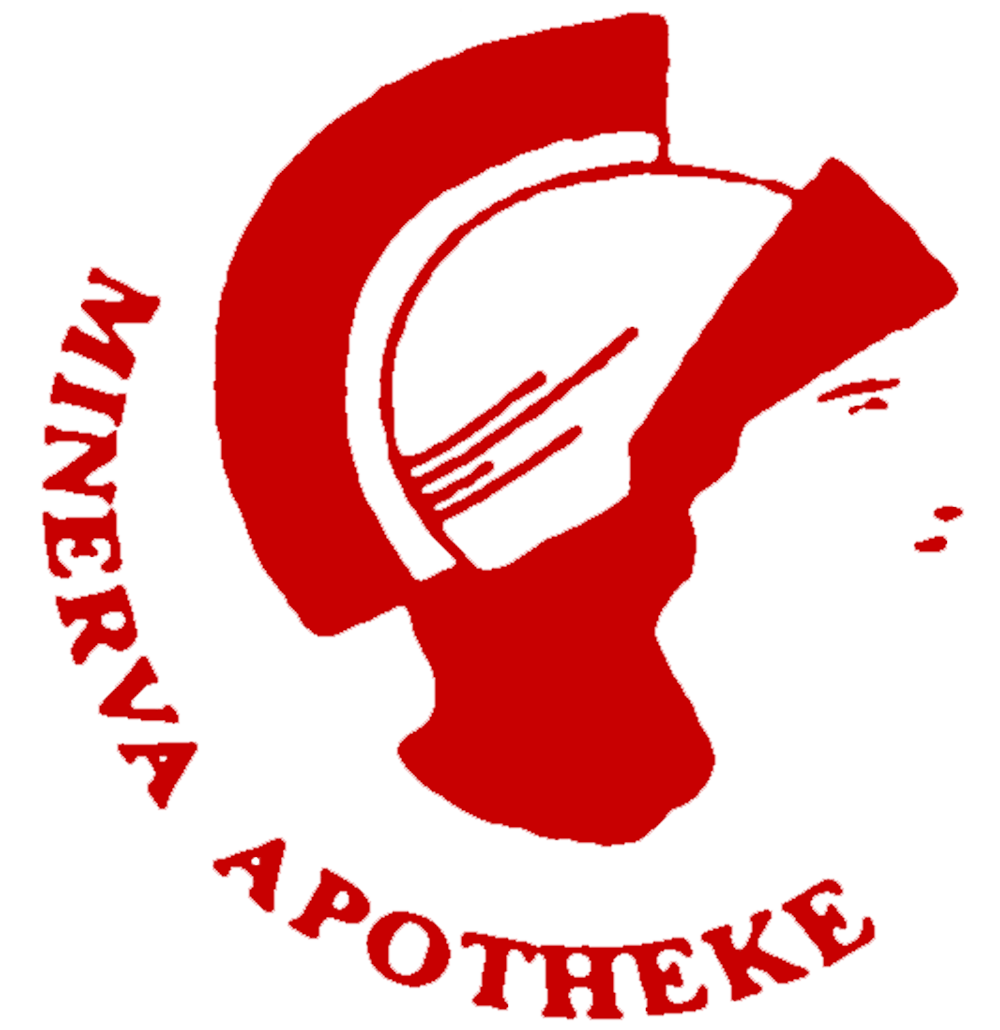 Ein rotes Logo mit der Profilsilhouette einer Person, die einen römischen Helm trägt, darunter der Text „MINERVA APOTHEKE“.