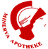 Ein rotes Logo mit der Profilsilhouette einer Person, die einen römischen Helm trägt, darunter der Text „MINERVA APOTHEKE“.