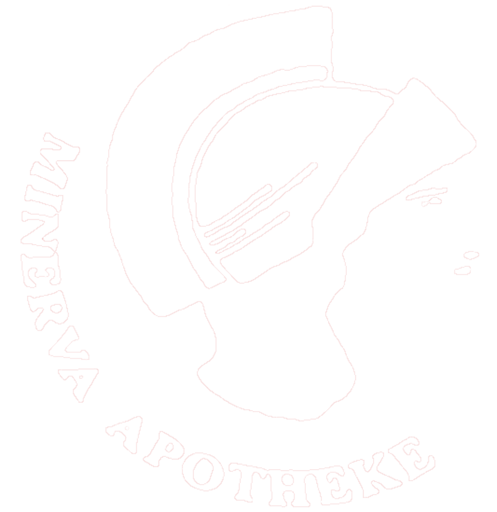 Logo für Minerva Apotheke mit einer weißen Strichzeichnung eines römischen Helms auf dunklem Hintergrund.