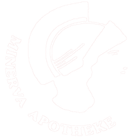 Logo für Minerva Apotheke mit einer weißen Strichzeichnung eines römischen Helms auf dunklem Hintergrund.