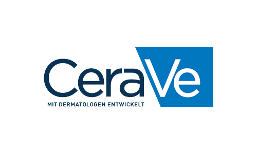 Das CeraVe-Logo mit dem Text „MIT DERMATOLOGEN ENTWICKELT“ in Dunkelblau auf weißem Hintergrund, mit einem blauen Quadrat.