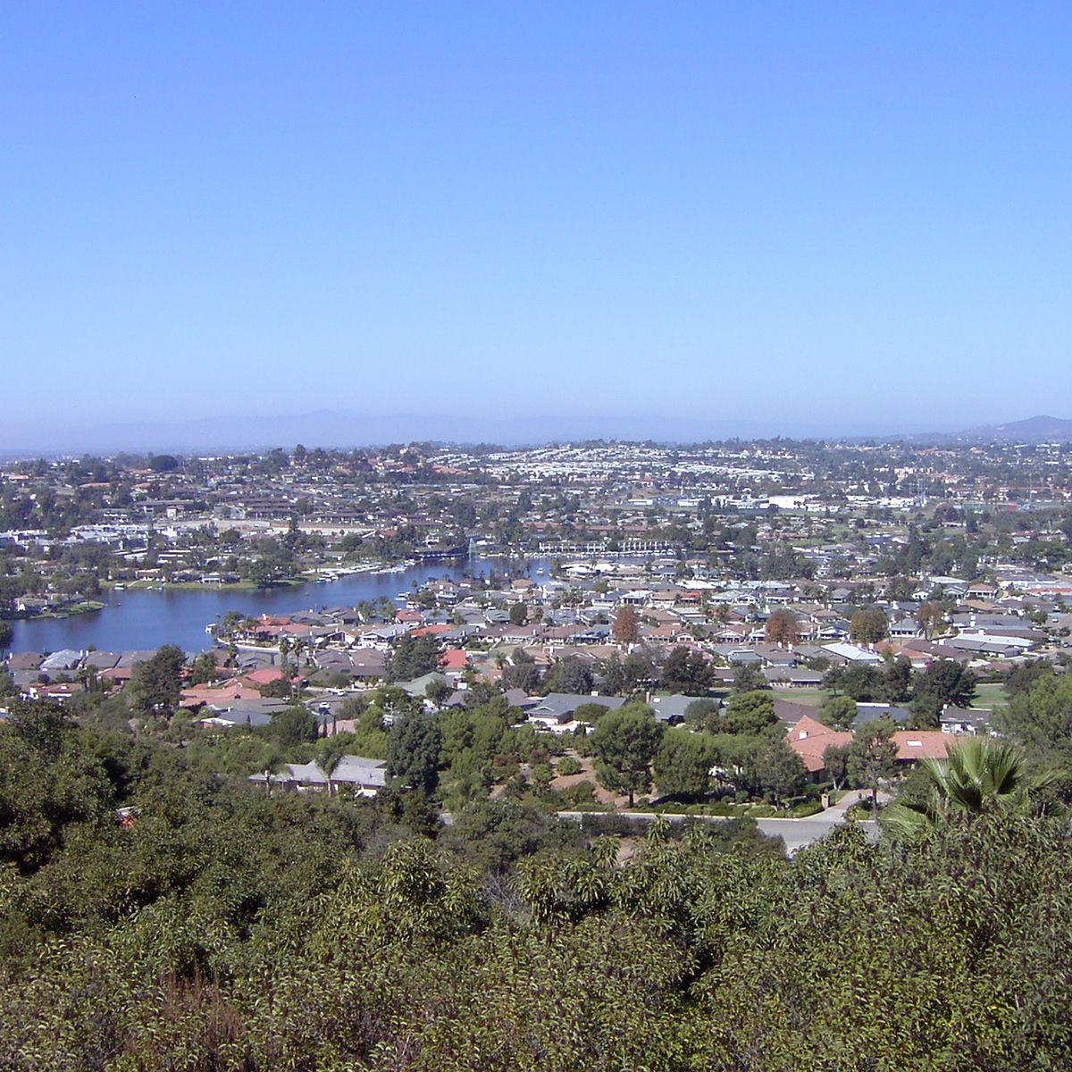 An aerial view of a city with a lake in the background