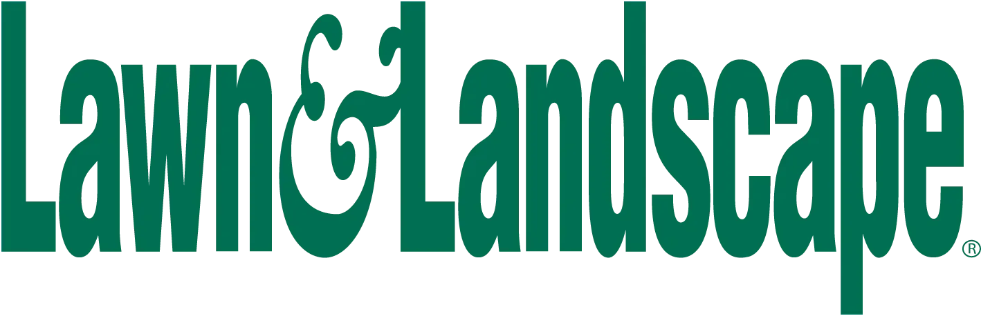 The logo for lawn and landscape is green and white on a white background.