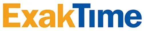 A blue and orange logo for exaktime on a white background