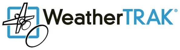 The weather trak logo is a blue and black logo on a white background.