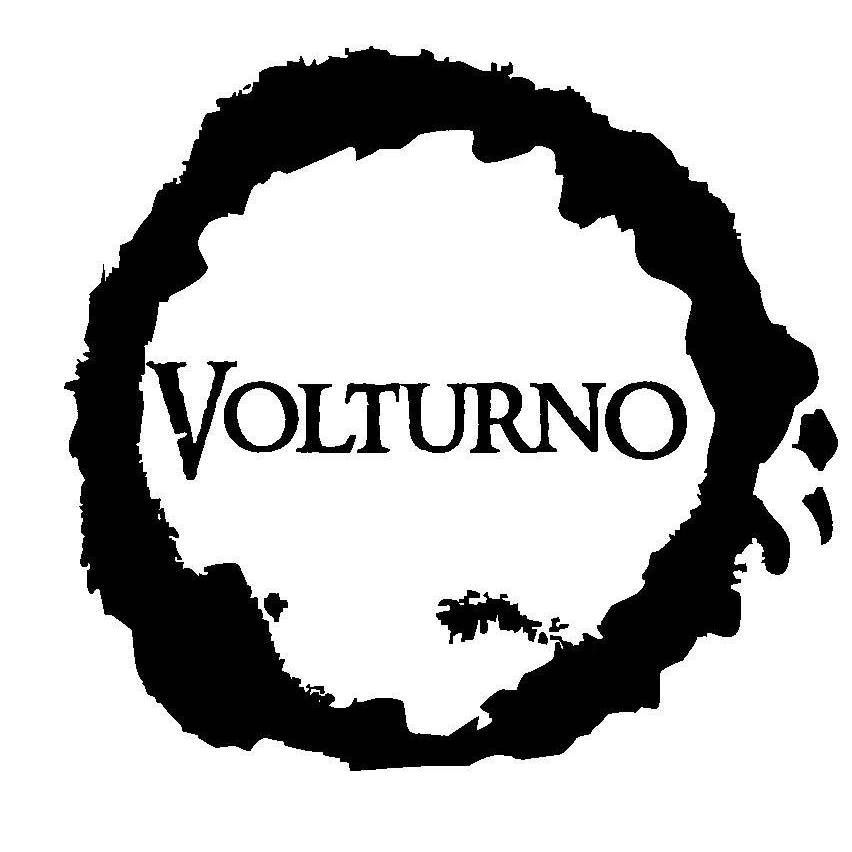 Black circular brushstroke logo with the word “Volturno” in the center