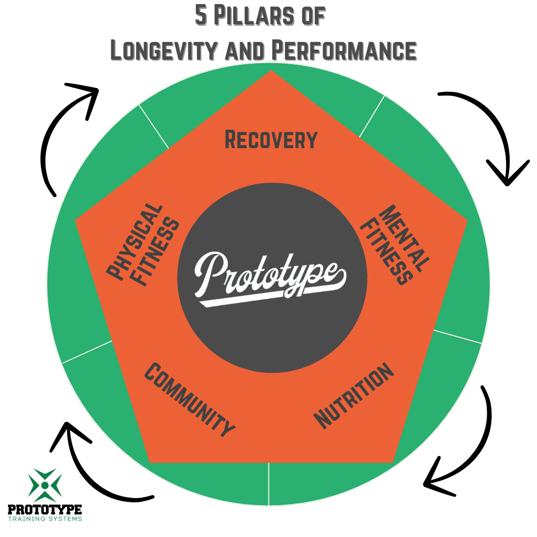 5 pillars of longevity and performance diagram with recovery, nutrition, community, physical and mental fitness around Prototype logo