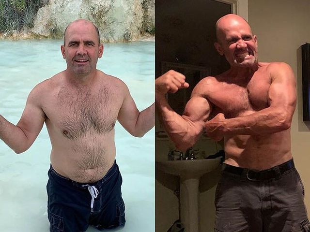 Side-by-side body transformation: same man in a pool before and after muscular development, posing flexed.