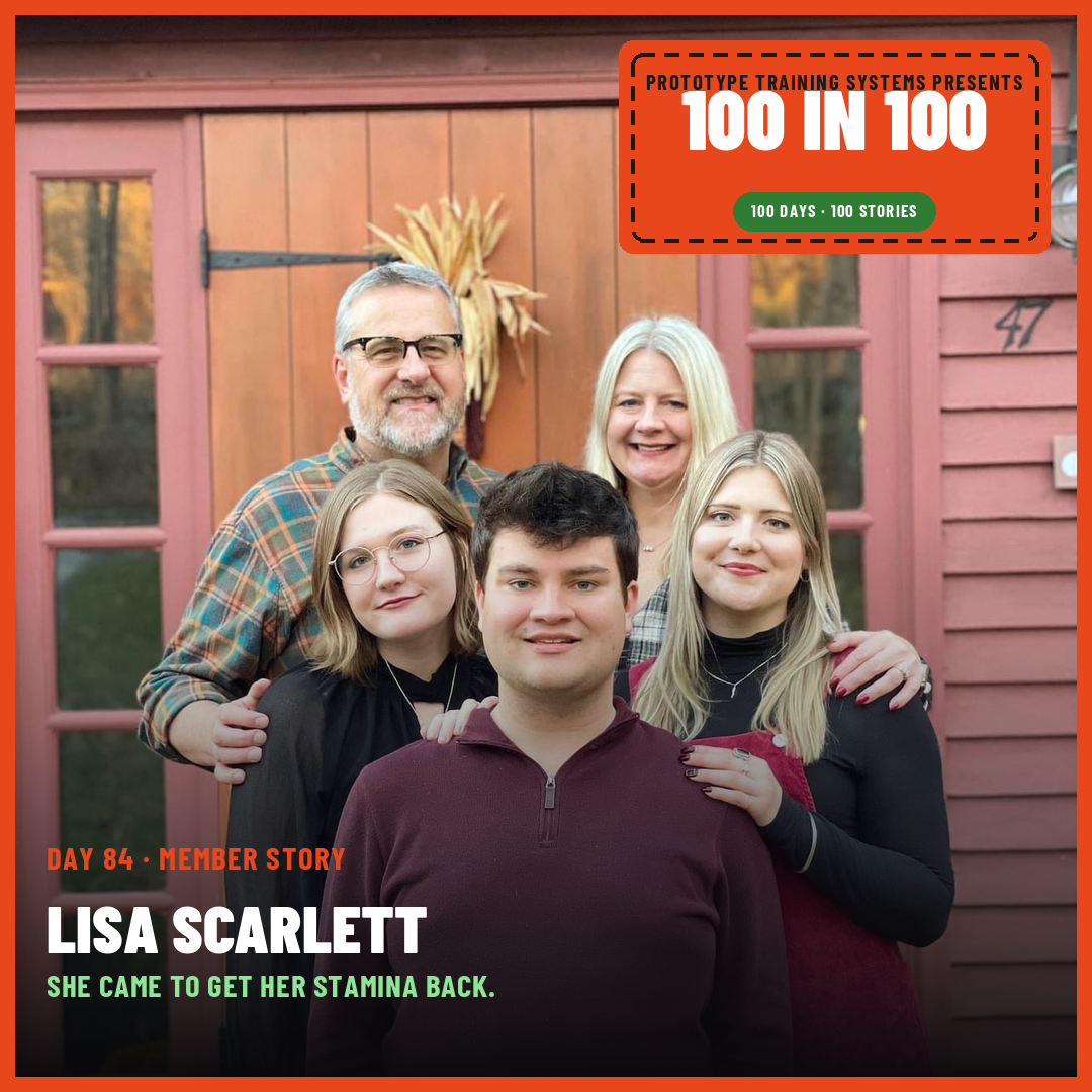 Lisa Scarlett with her family outside their home — Day 84 of Prototype Training Systems' 100 in 100 