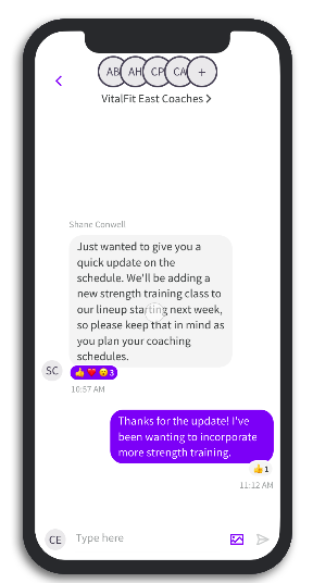 Phone screenshot of a coaching chat with a purple message bubble and a reply about sleep habits and feeling better