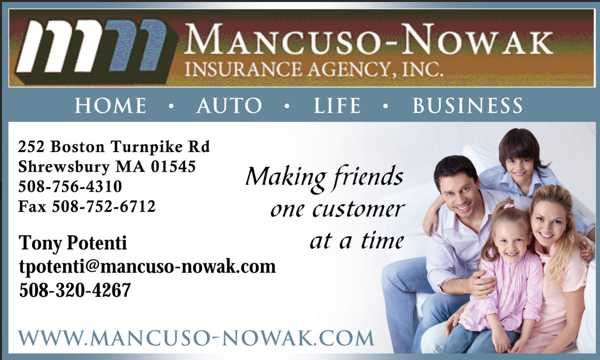 Mancuso-Nowak Insurance Agency ad with family photo, teal header, and slogan “Making friends one customer at a time.”