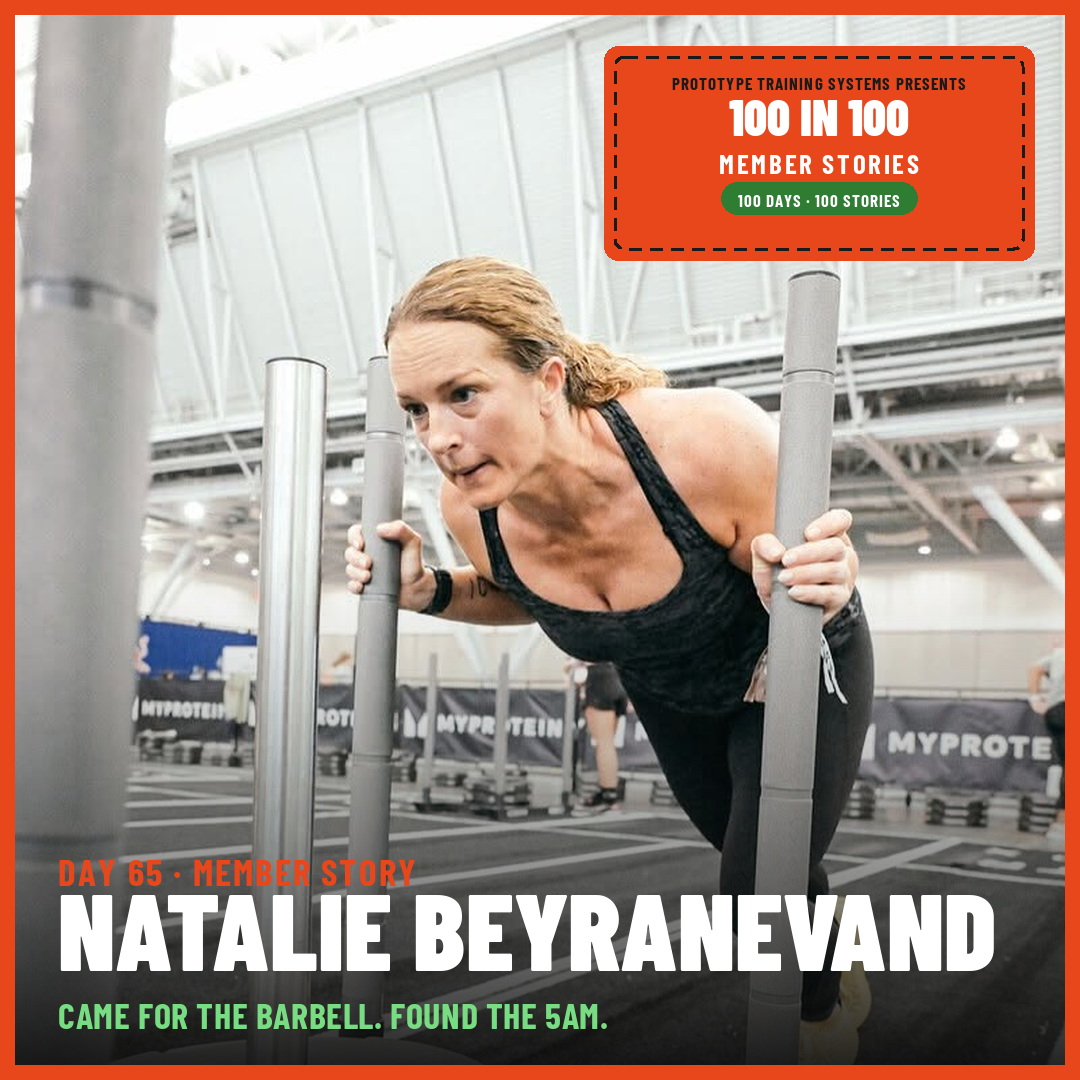 Natalie Beyranevand pushing a sled at HYROX Boston