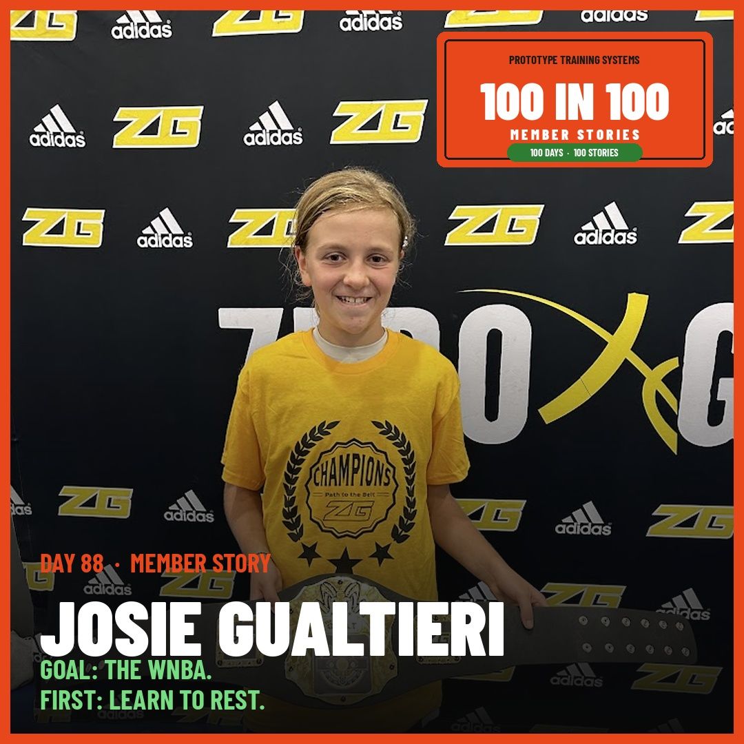 Josie holding a championship belt at a youth basketball tournament, Day 88 of the 100 in 100