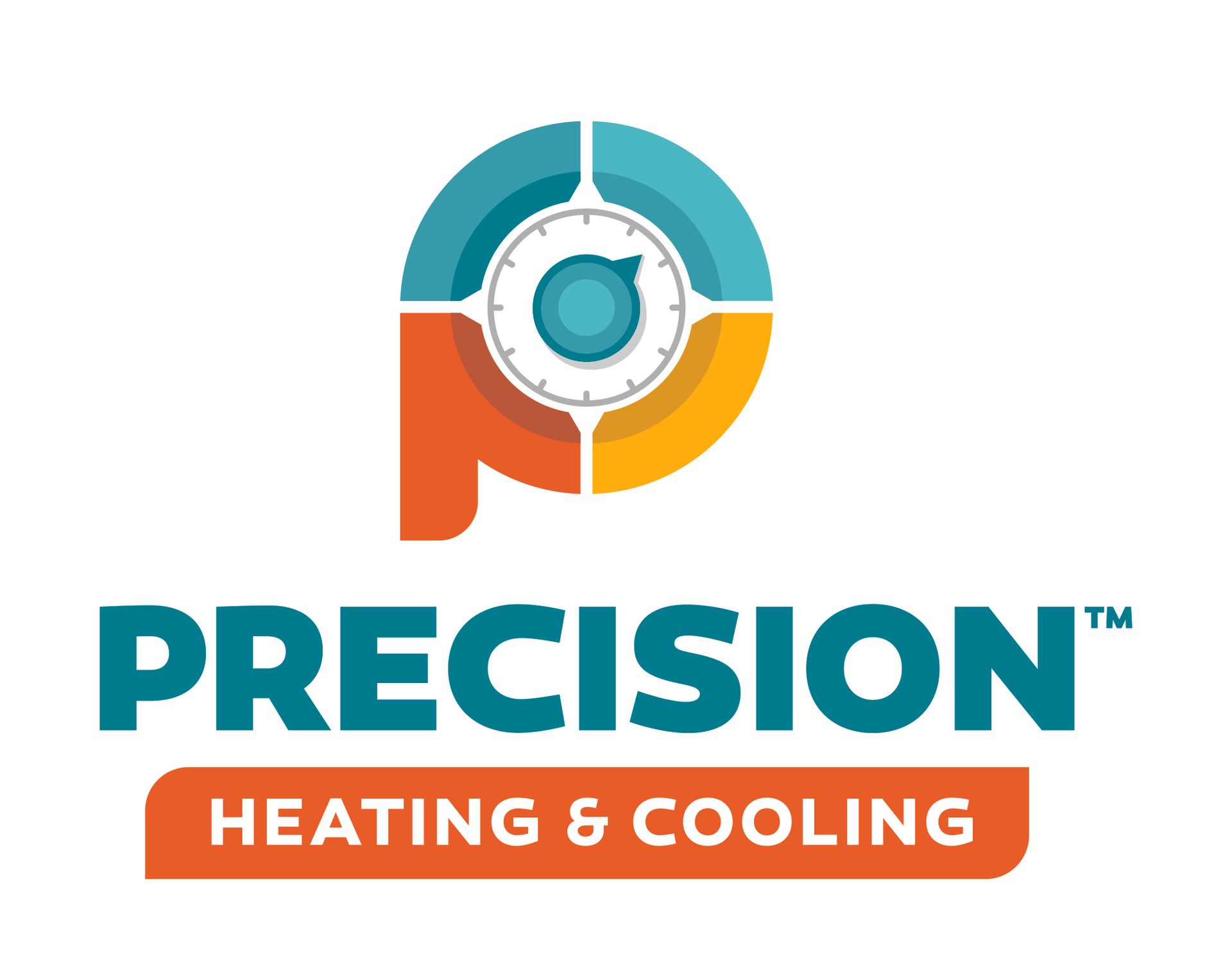 Precision Heating & Cooling logo with teal, orange, and gray circular emblem and bold text