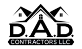 Logo for D.A.D. Contractors LLC: text over a house silhouette with a window, black and white.
