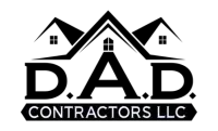 Logo for D.A.D. Contractors LLC: text over a house silhouette with a window, black and white.