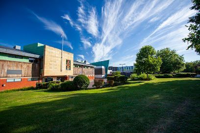 A modern building with green lawn, bright blue sky with streaky clouds, and trees.