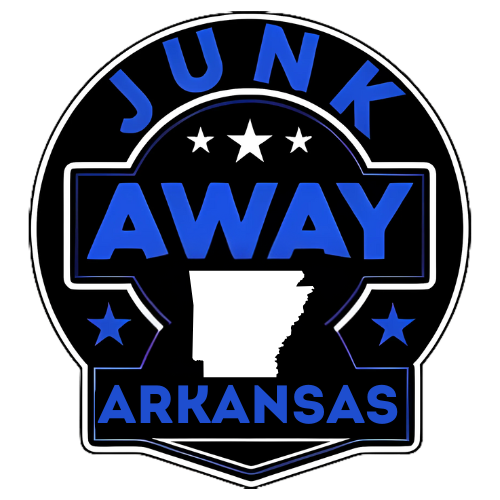 A logo for junk away arkansas with a dump truck on it.