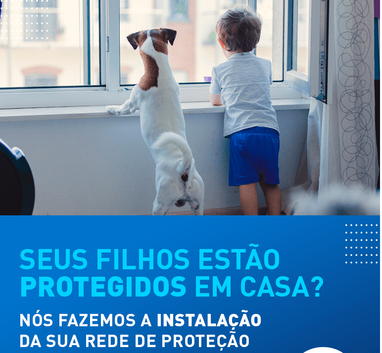 Criança e cachorro espiam pela janela; texto diz: “Seus filhos estão protegidos em casa?”