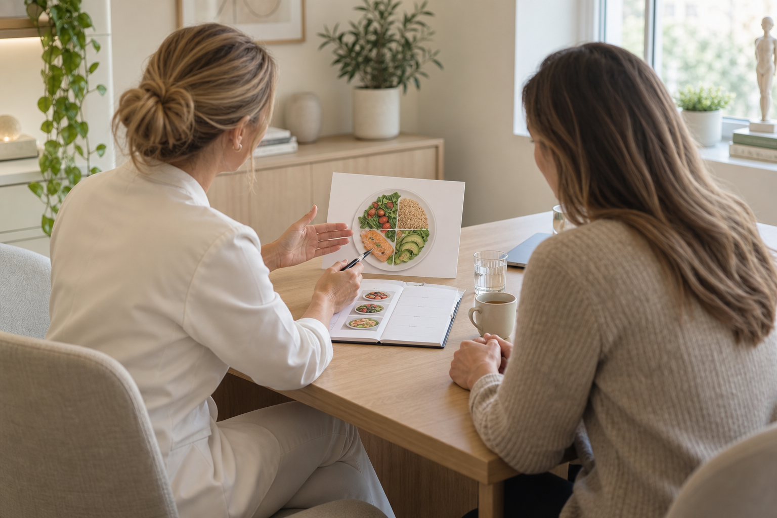 Illustratie van een gesprek over voeding tijdens een diëtetiekconsult